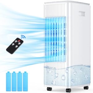 evaporative air cooler, balko 3-in-1 windowless swamp cooler w/ 0.8 gal detachable water tank, 7h timer & remote, 4 ice pack, 70° oscillation, ductless air conditioner portable for room indoor office