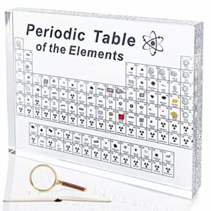 Periodic Table with Real Elements Inside,Rich in Real 83 Chemical Elements,Acrylic Periodic Table,Free Wooden Base,Great Gift for Children and Students,Home School Desk Decor