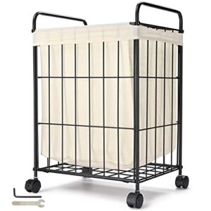iron wire laundry hamper with rolling lockable wheels, folding laundry storage basket with metal handles, detachable liner bag dirty laundry hamper cart sorter clothes basket organizer