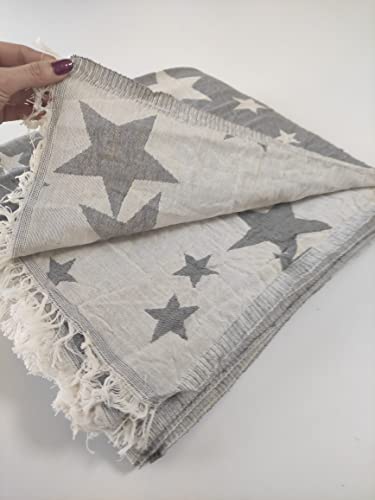 W Wellstil Astral | 2-Layer Muslin Blanket • King Size Turkish Cotton Blanket • Cozy Jacquard Woven Bedspread • Vintage Boho Throw Blankets for Sofa, Couch • Breathable Blanket 82x95 inches(Gray)