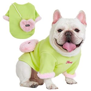 small dog kawaii t-shirt hoodie with heart shape plush bag soft pet puppy clothes breathable cotton cat cute casual costume for spring and autumn (s,green)