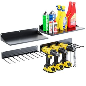 fitkit 4 floating power tool holder and drill storage rack with organizer utility shelves, set of 2 heavy duty steel wall mount garage organization and storage for batteries, tools, accessories