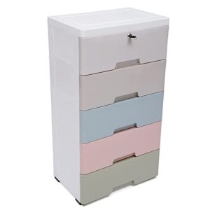 oukaning plastic 5 drawers dresser storage cabinet, macaron stackable vertical clothes storage tower for neatly storing books, office supplies, snacks, household items