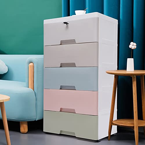 OUKANING Plastic 5 Drawers Dresser Storage Cabinet, Macaron Stackable Vertical Clothes Storage Tower for Neatly Storing Books, Office Supplies, Snacks, Household Items