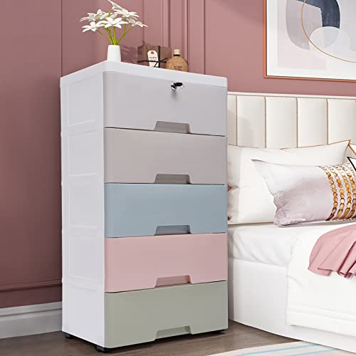 OUKANING Plastic 5 Drawers Dresser Storage Cabinet, Macaron Stackable Vertical Clothes Storage Tower for Neatly Storing Books, Office Supplies, Snacks, Household Items