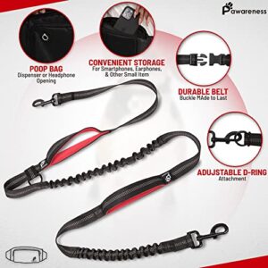 Hands Free Dog Leash for Medium and Large Dogs with Large Zipper Pouch - Adjustable Length 3mm Thick Double Bungee Leash, 2 Padded Handles Heavy Duty Leash (Red, 27-38 inches Waist)