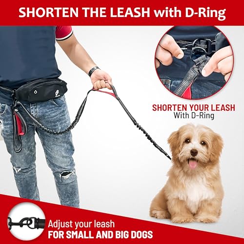 Hands Free Dog Leash for Medium and Large Dogs with Large Zipper Pouch - Adjustable Length 3mm Thick Double Bungee Leash, 2 Padded Handles Heavy Duty Leash (Red, 27-38 inches Waist)