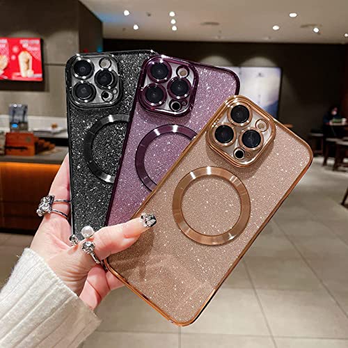 aowner Magnetic Case for iPhone 13 Pro Max Glitter Case, Luxury Plating Cute Bling with Camera Lens Protector, Compatible with MagSafe, Slim Thin for Women Girls Protective Clear Phone Case, Gold