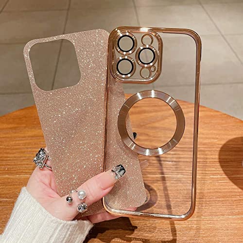 aowner Magnetic Case for iPhone 13 Pro Max Glitter Case, Luxury Plating Cute Bling with Camera Lens Protector, Compatible with MagSafe, Slim Thin for Women Girls Protective Clear Phone Case, Gold