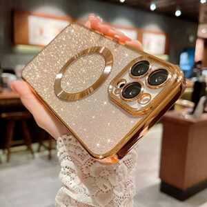 aowner Magnetic Case for iPhone 13 Pro Max Glitter Case, Luxury Plating Cute Bling with Camera Lens Protector, Compatible with MagSafe, Slim Thin for Women Girls Protective Clear Phone Case, Gold