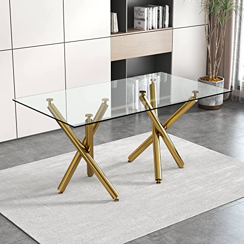 71" Glass Dining Table for 6-8, Large Modern Rectangular Dinner Table with 0.39" Tempered Glass Tabletop and Gold Chrome Metal Legs, Simplistic Kitchen