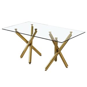 71" Glass Dining Table for 6-8, Large Modern Rectangular Dinner Table with 0.39" Tempered Glass Tabletop and Gold Chrome Metal Legs, Simplistic Kitchen