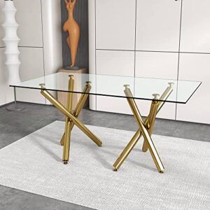71" Glass Dining Table for 6-8, Large Modern Rectangular Dinner Table with 0.39" Tempered Glass Tabletop and Gold Chrome Metal Legs, Simplistic Kitchen