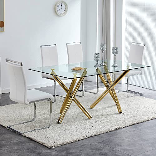 71" Glass Dining Table for 6-8, Large Modern Rectangular Dinner Table with 0.39" Tempered Glass Tabletop and Gold Chrome Metal Legs, Simplistic Kitchen