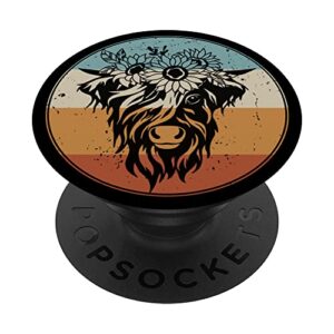 retro vintage scottish highland cow with flower popsockets swappable popgrip