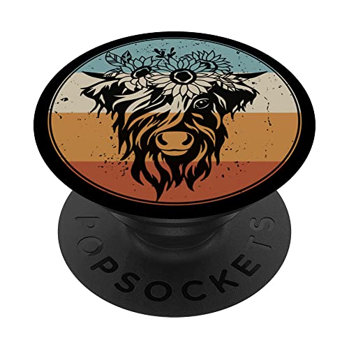 Retro Vintage Scottish Highland Cow with Flower PopSockets Swappable PopGrip