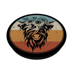 Retro Vintage Scottish Highland Cow with Flower PopSockets Swappable PopGrip