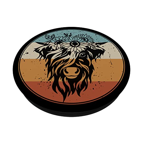 Retro Vintage Scottish Highland Cow with Flower PopSockets Swappable PopGrip