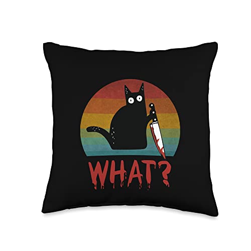 Cat What? Funny Black Cat With Knife Halloween tee Vintage Funny Black Murderous Cat with Knife Throw Pillow, 16x16, Multicolor