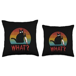 Cat What? Funny Black Cat With Knife Halloween tee Vintage Funny Black Murderous Cat with Knife Throw Pillow, 16x16, Multicolor