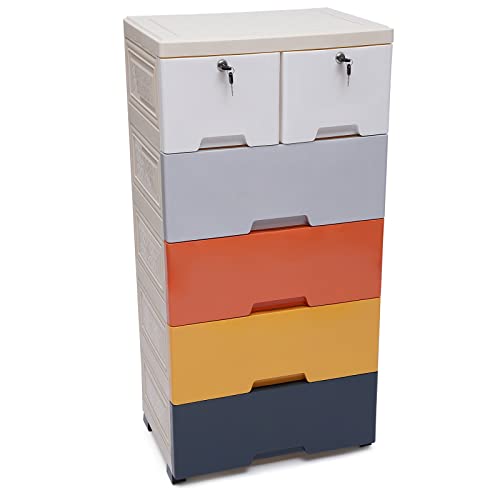 OUKANING Plastic 6 Drawers Storage Cabinet, Modern Multi-color PP Stackable Vertical Clothes Storage Tower for Storing Clothes, Toys, Books, and Other Items