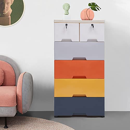 OUKANING Plastic 6 Drawers Storage Cabinet, Modern Multi-color PP Stackable Vertical Clothes Storage Tower for Storing Clothes, Toys, Books, and Other Items