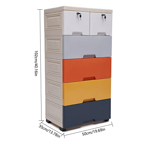 OUKANING Plastic 6 Drawers Storage Cabinet, Modern Multi-color PP Stackable Vertical Clothes Storage Tower for Storing Clothes, Toys, Books, and Other Items