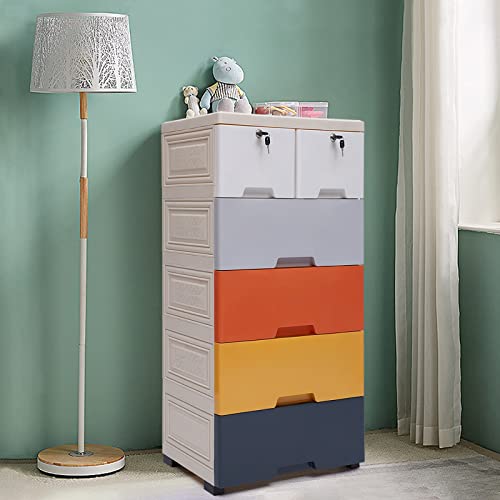 OUKANING Plastic 6 Drawers Storage Cabinet, Modern Multi-color PP Stackable Vertical Clothes Storage Tower for Storing Clothes, Toys, Books, and Other Items