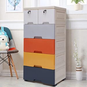 OUKANING Plastic 6 Drawers Storage Cabinet, Modern Multi-color PP Stackable Vertical Clothes Storage Tower for Storing Clothes, Toys, Books, and Other Items