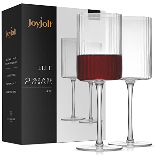 JoyJolt Fluted Wine Glasses – ELLE 17.5oz Red Set of 2 Big Long Stem Glasses. Unique, Stemmed Glass or Cocktail Vintage Style Drinking