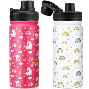 2 pcs 16 oz kids insulated water bottle with wide handle, stainless steel double wall vacuum leak proof kids bottle, keep hot or cold cute metal water bottle for school boys girls (rainbow, unicorn)