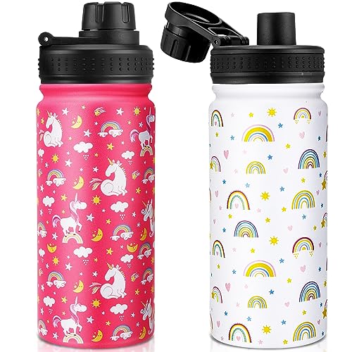 2 Pcs 16 oz Kids Insulated Water Bottle with Wide Handle, Stainless Steel Double Wall Vacuum Leak Proof Kids Bottle, Keep Hot or Cold Cute Metal Water Bottle for School Boys Girls (Rainbow, Unicorn)