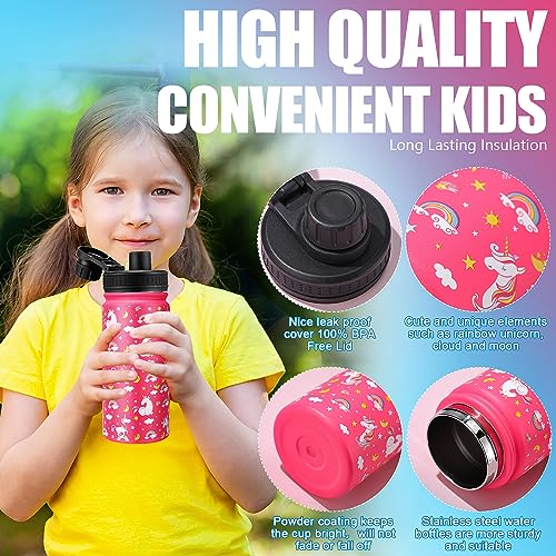 2 Pcs 16 oz Kids Insulated Water Bottle with Wide Handle, Stainless Steel Double Wall Vacuum Leak Proof Kids Bottle, Keep Hot or Cold Cute Metal Water Bottle for School Boys Girls (Rainbow, Unicorn)