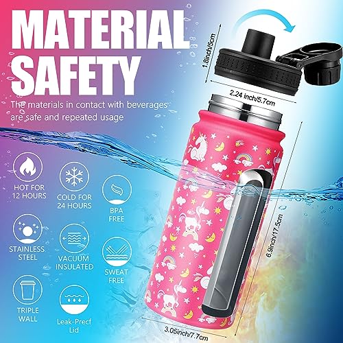 2 Pcs 16 oz Kids Insulated Water Bottle with Wide Handle, Stainless Steel Double Wall Vacuum Leak Proof Kids Bottle, Keep Hot or Cold Cute Metal Water Bottle for School Boys Girls (Rainbow, Unicorn)