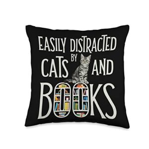 cool gifts for book lovers and funny cats outfit. funny cat shirts easily distracted by cats & books lover throw pillow, 16x16, multicolor