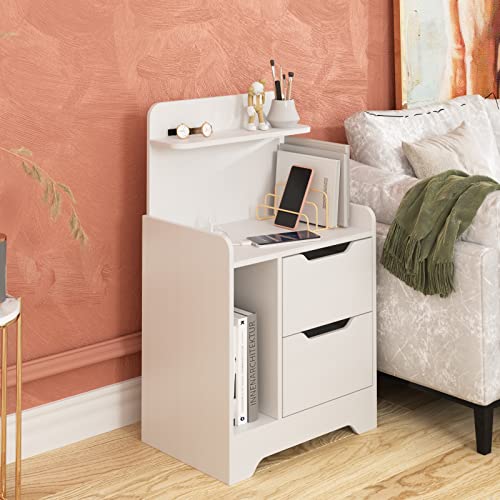 hosote White Nightstand with Charging Station USB Port, Night Stand with Drawers Open Storage and Shelf, Bedside Table for Bedroom Side Table End Table Sofa Table for Living Room