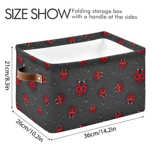 Kigai Black Ladybugs Storage Basket 2pcs, Large Collapsible Toys Clothes Organizer, Durable Canvas Storage Bin with Handle for Shelves Closet Laundry Home Office Decor