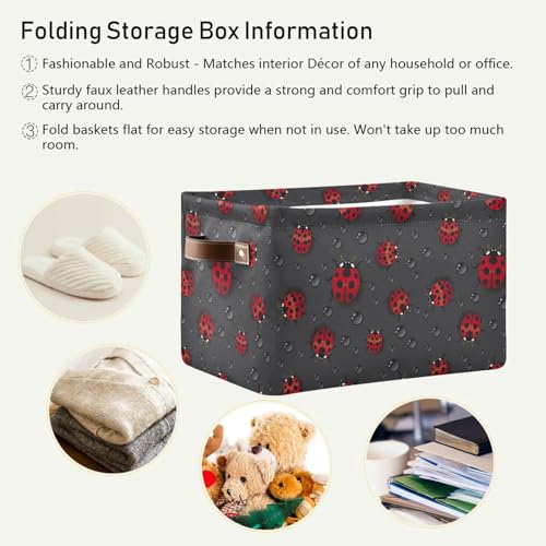 Kigai Black Ladybugs Storage Basket 2pcs, Large Collapsible Toys Clothes Organizer, Durable Canvas Storage Bin with Handle for Shelves Closet Laundry Home Office Decor