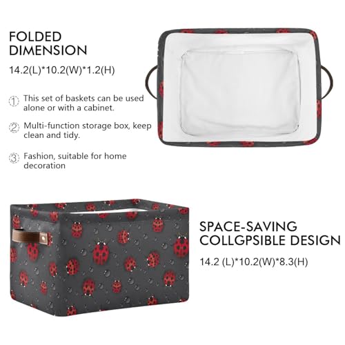 Kigai Black Ladybugs Storage Basket 2pcs, Large Collapsible Toys Clothes Organizer, Durable Canvas Storage Bin with Handle for Shelves Closet Laundry Home Office Decor