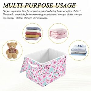 Kigai Cute Flowers Pink Storage Basket with Lid Collapsible Storage Bin Fabric Box Closet Organizer for Home Bedroom Office 1 Pack