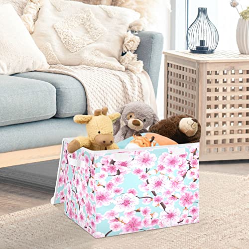 Kigai Cute Flowers Pink Storage Basket with Lid Collapsible Storage Bin Fabric Box Closet Organizer for Home Bedroom Office 1 Pack