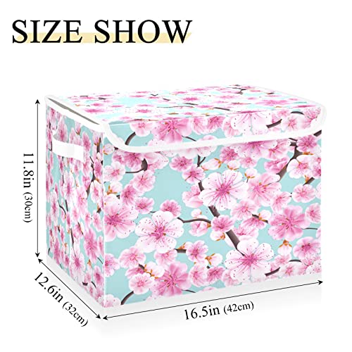 Kigai Cute Flowers Pink Storage Basket with Lid Collapsible Storage Bin Fabric Box Closet Organizer for Home Bedroom Office 1 Pack