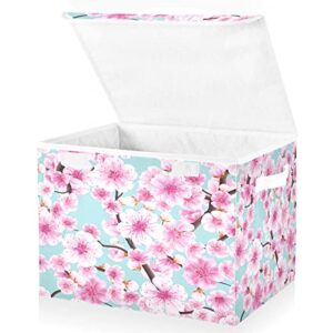 Kigai Cute Flowers Pink Storage Basket with Lid Collapsible Storage Bin Fabric Box Closet Organizer for Home Bedroom Office 1 Pack