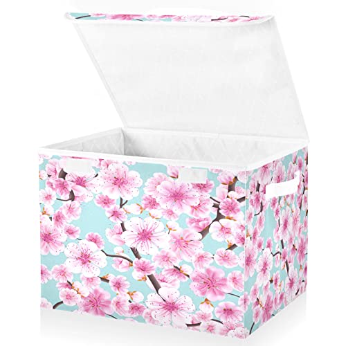 Kigai Cute Flowers Pink Storage Basket with Lid Collapsible Storage Bin Fabric Box Closet Organizer for Home Bedroom Office 1 Pack