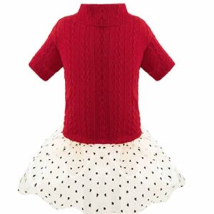 dog knitted sweater dress lace tulle tutu outfit skirt with heart pattern for small medium girl dogs christmas birthday party (red, s)