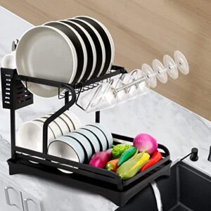 YWCMESDM Dish Drying Rack, Multifunctional Dish Rack with Drainboard & Utensil Holder, 2 Tier Stainless Steel Dish Racks, Dish Drainers with a Large Capacity for Kitchen Counter (Black)