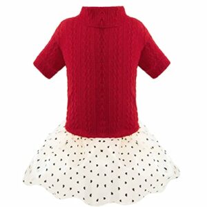 dog knitwear sweater dress lace tulle tutu outfit skirt with cute heart pattern for small medium girl dogs christmas birthday party (red, l)