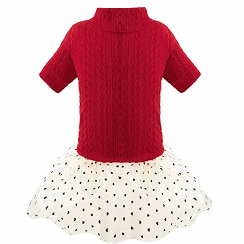 Dog Knitwear Sweater Dress Lace Tulle Tutu Outfit Skirt with Cute Heart Pattern for Small Medium Girl Dogs Christmas Birthday Party (Red, L)