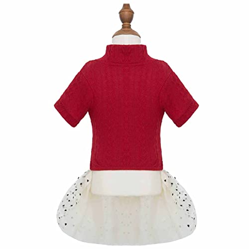 Dog Knitwear Sweater Dress Lace Tulle Tutu Outfit Skirt with Cute Heart Pattern for Small Medium Girl Dogs Christmas Birthday Party (Red, L)