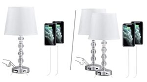 unfusne set of 3 crystal lamp with usb port - touch control table lamp for bedroom 3 way dimmable nightstand bedside lamp with white fabric shade, small lamps for living room, dorm, home,office